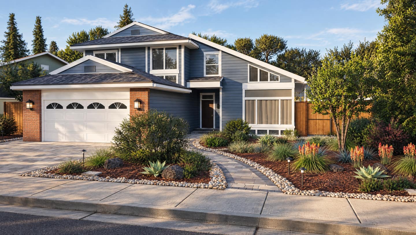 Concept render of a real front yard at golden hour: a two-story house with a curving paver walk, low water-wise planting, boulders and path lights.