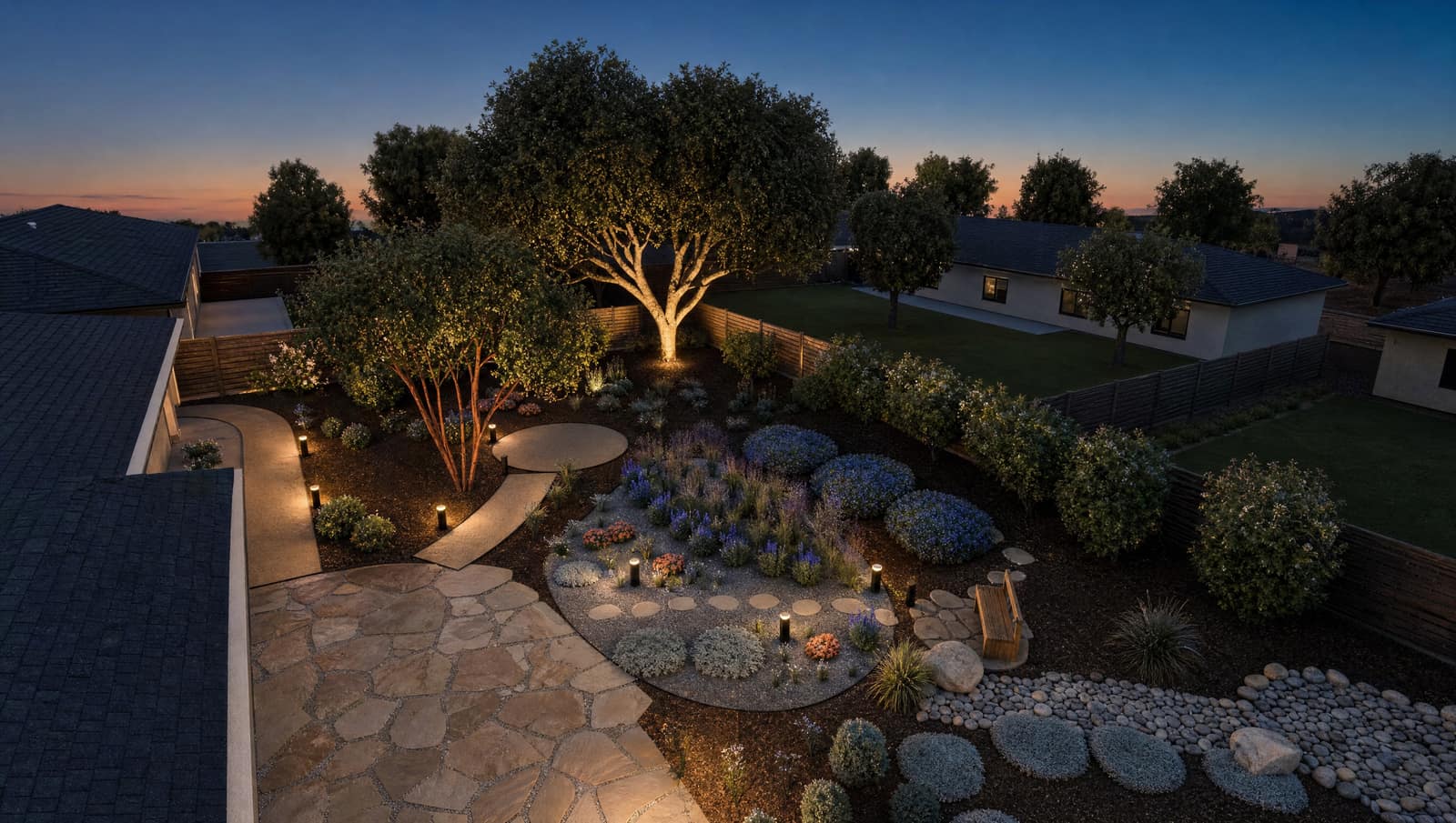 Concept render of the sample plan's back yard from above at blue hour, with low path lights and an uplit coast live oak.
