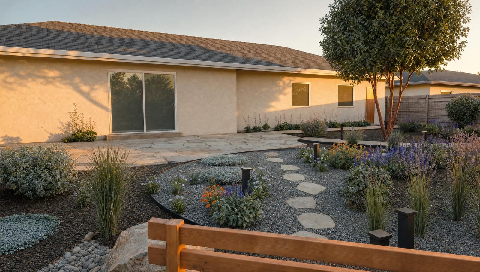 Concept render from behind a cedar bench, looking across the gravel garden to the patio and the house.