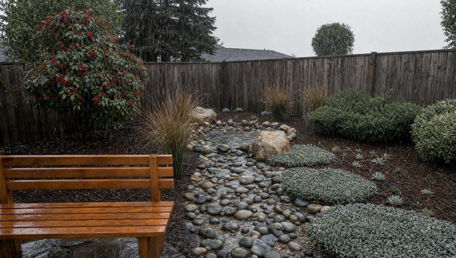 Concept render of a cobble dry creek carrying rainwater past a cedar bench toward a rain garden, with a toyon in berry.