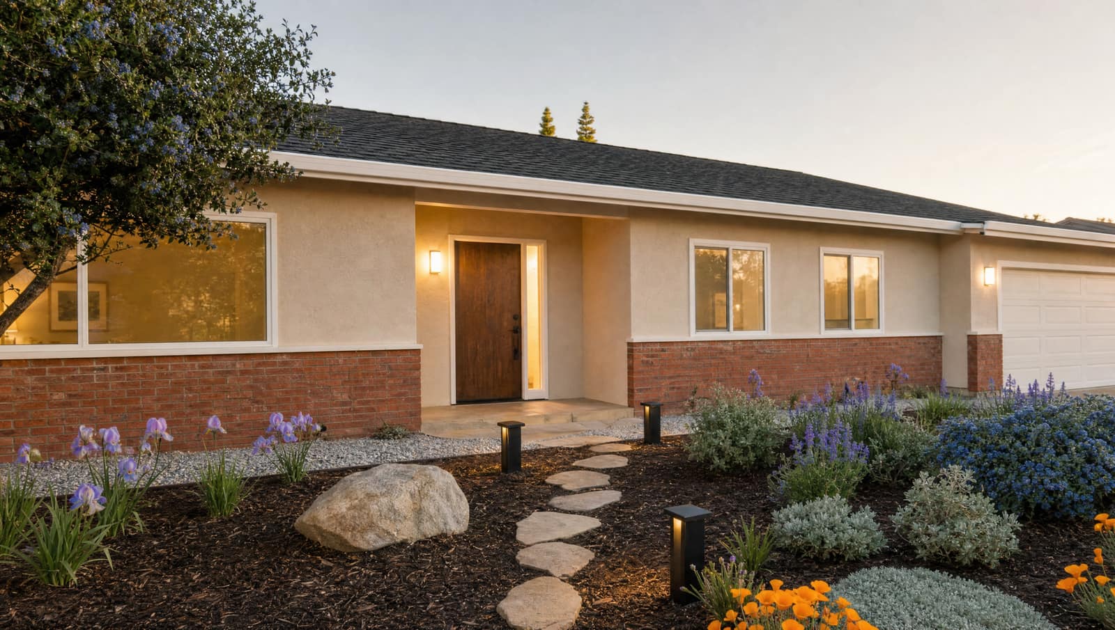 Concept render of flagstone steppers leading from the sidewalk to a recessed front porch, with iris, poppies and a boulder.