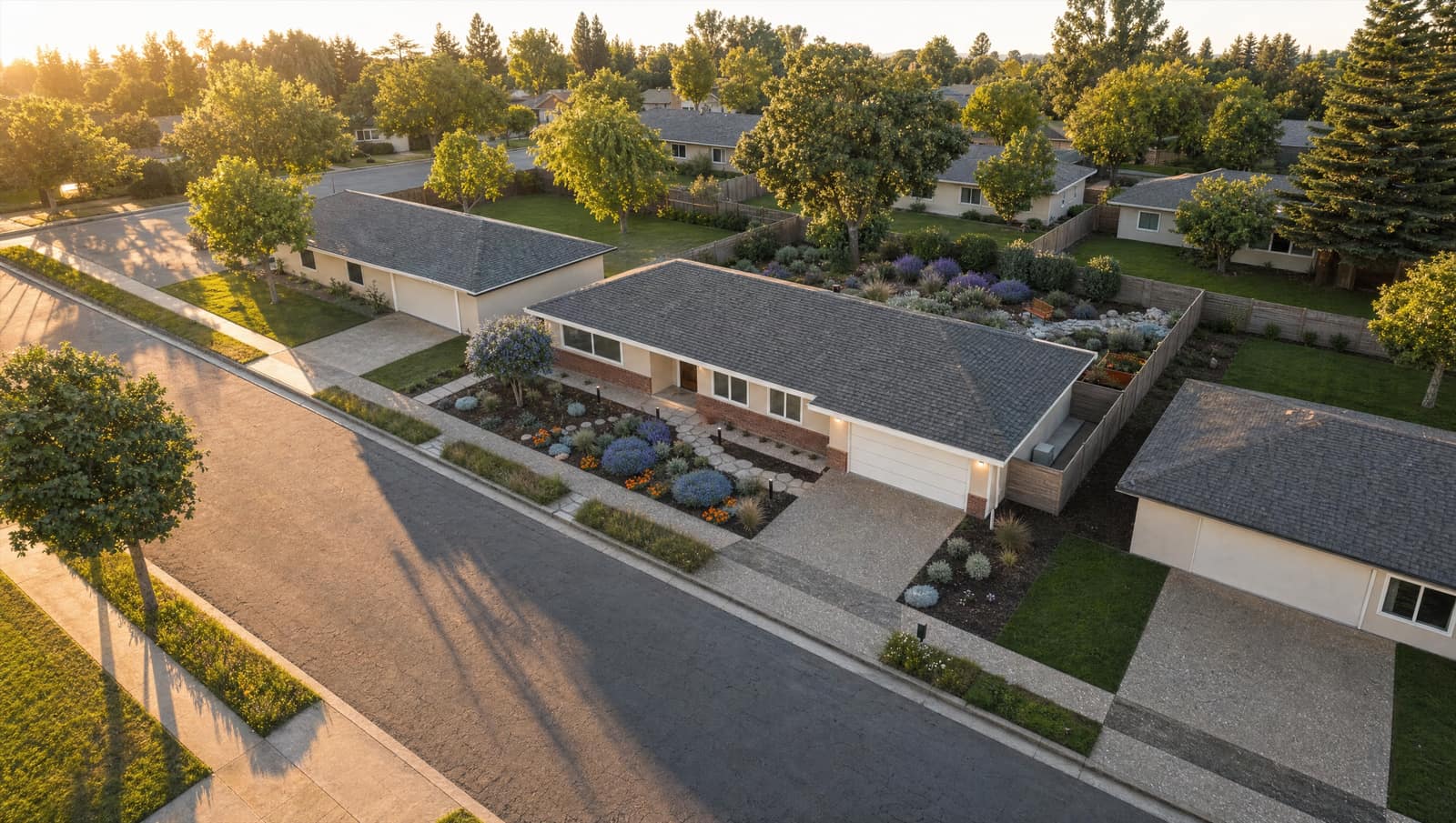 Concept render of the sample plan's whole property from above the street: the no-lawn front garden, the house, and the back yard beyond.