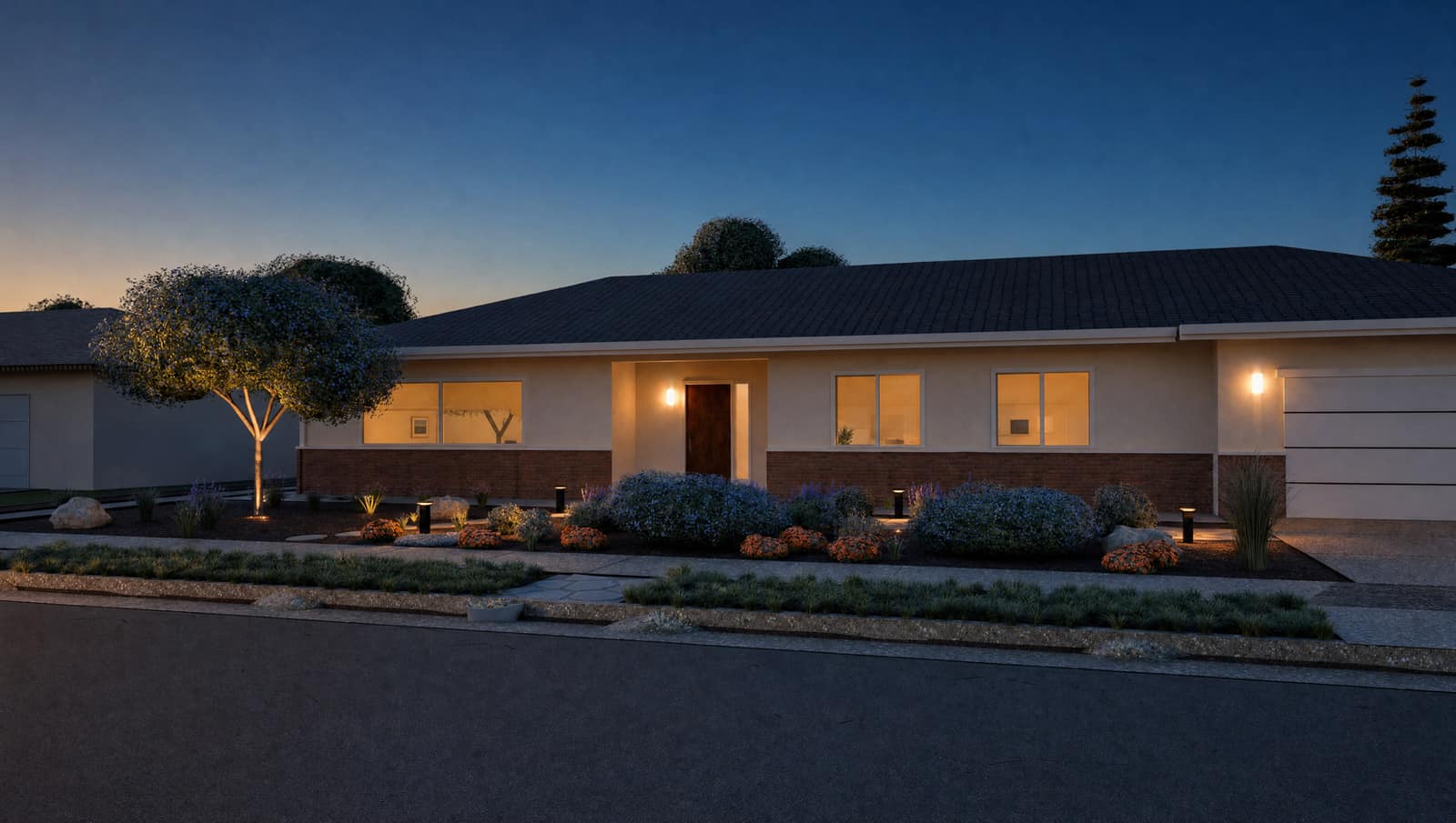 Concept render of the sample plan's front yard at dusk, with low path lights, porch and garage lights, and an uplit ceanothus tree.