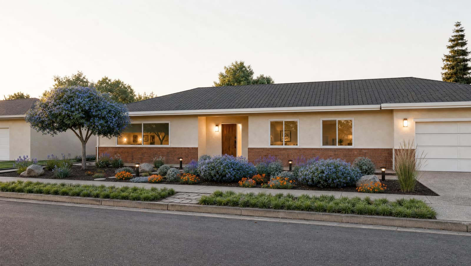 Concept render of the sample plan's front yard from across the street: no lawn, a blue-flowering ceanothus tree, low native plants, and a sedge strip at the curb, in front of a single-story ranch house.
