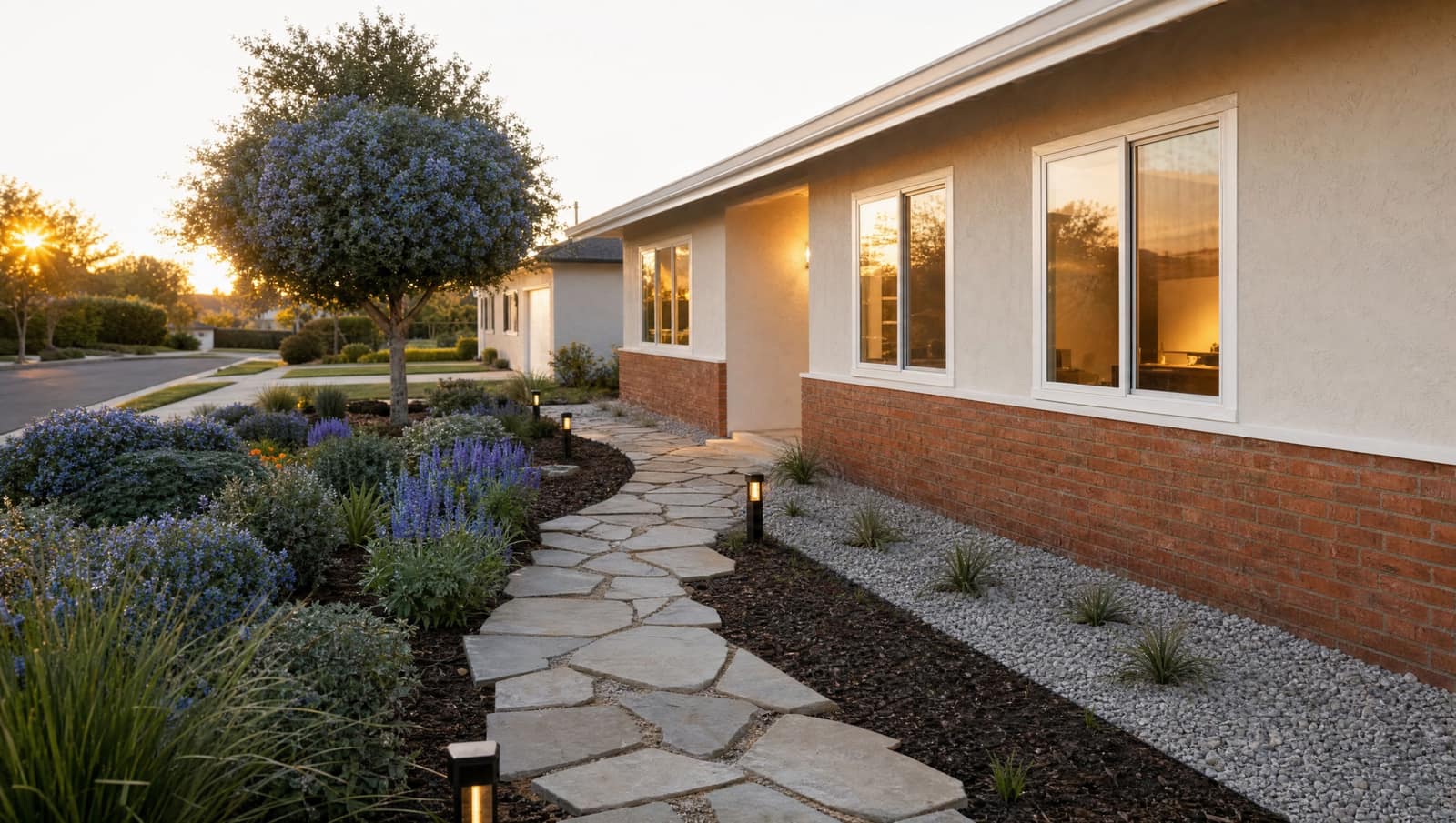 Concept render of a curved flagstone walk from the driveway to the front porch, between low native plants and a gravel strip along the house.