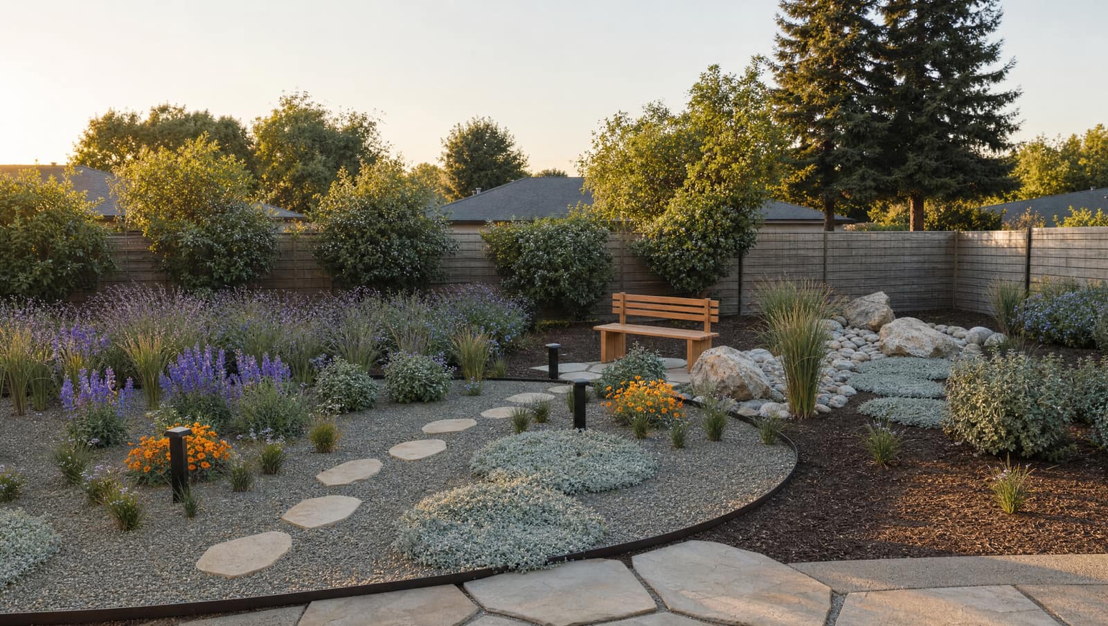 Concept render looking from a flagstone patio across a gravel garden of penstemon, poppies and grasses to a cedar bench.