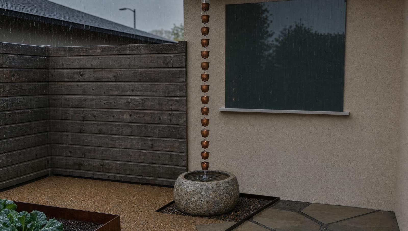Concept render of a copper rain chain in the rain, pouring into a round stone basin beside the house.